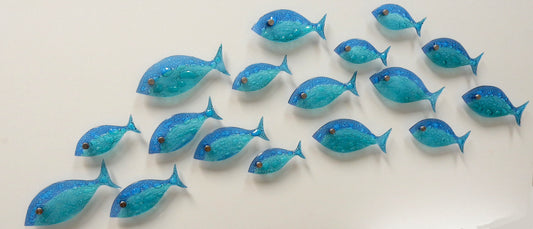 16 fish set .Fused glass school of fish. Ocean art. Blue fish wall art. Bathroom wall art. Ocean Nautical Beach decor. Coastal art Sea art