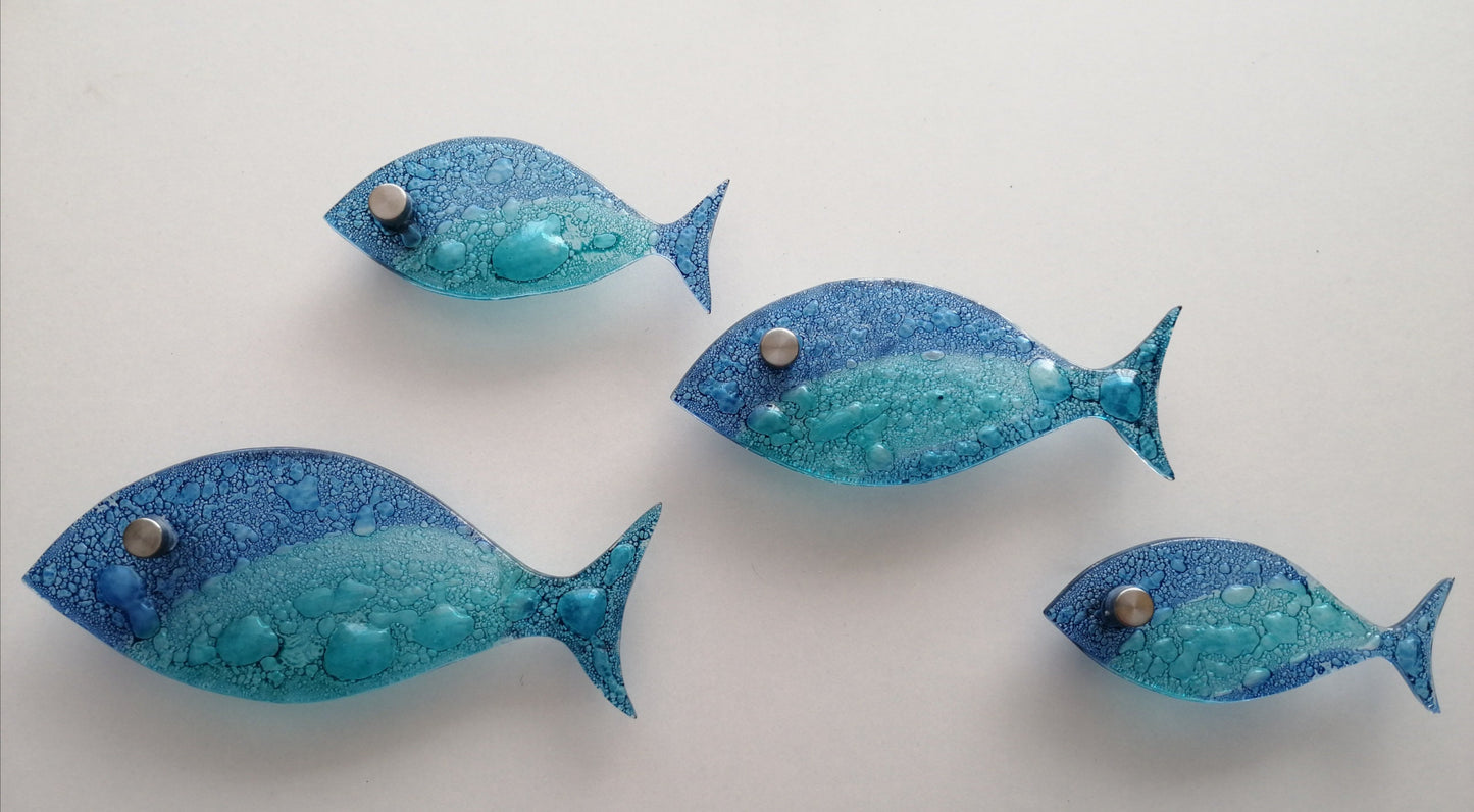 16 fish set .Fused glass school of fish. Ocean art. Blue fish wall art. Bathroom wall art. Ocean Nautical Beach decor. Coastal art Sea art