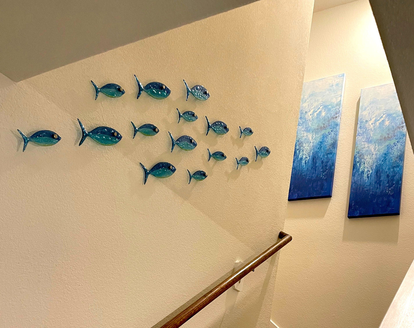 16 fish set .Fused glass school of fish. Ocean art. Blue fish wall art. Bathroom wall art. Ocean Nautical Beach decor. Coastal art Sea art