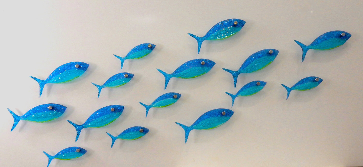 16 fish set .Fused glass school of fish. Ocean art. Blue fish wall art. Bathroom wall art. Ocean Nautical Beach decor. Coastal art Sea art