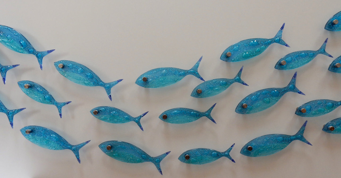35 fish set. Fused glass fish. Ocean art. Blue fish wall art. Bathroom wall art.Ocean Nautical Beach decor. Coastal art Sea art