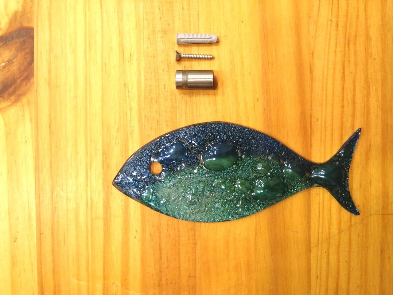 16 fish set .Fused glass school of fish. Ocean art. Blue fish wall art. Bathroom wall art. Ocean Nautical Beach decor. Coastal art Sea art