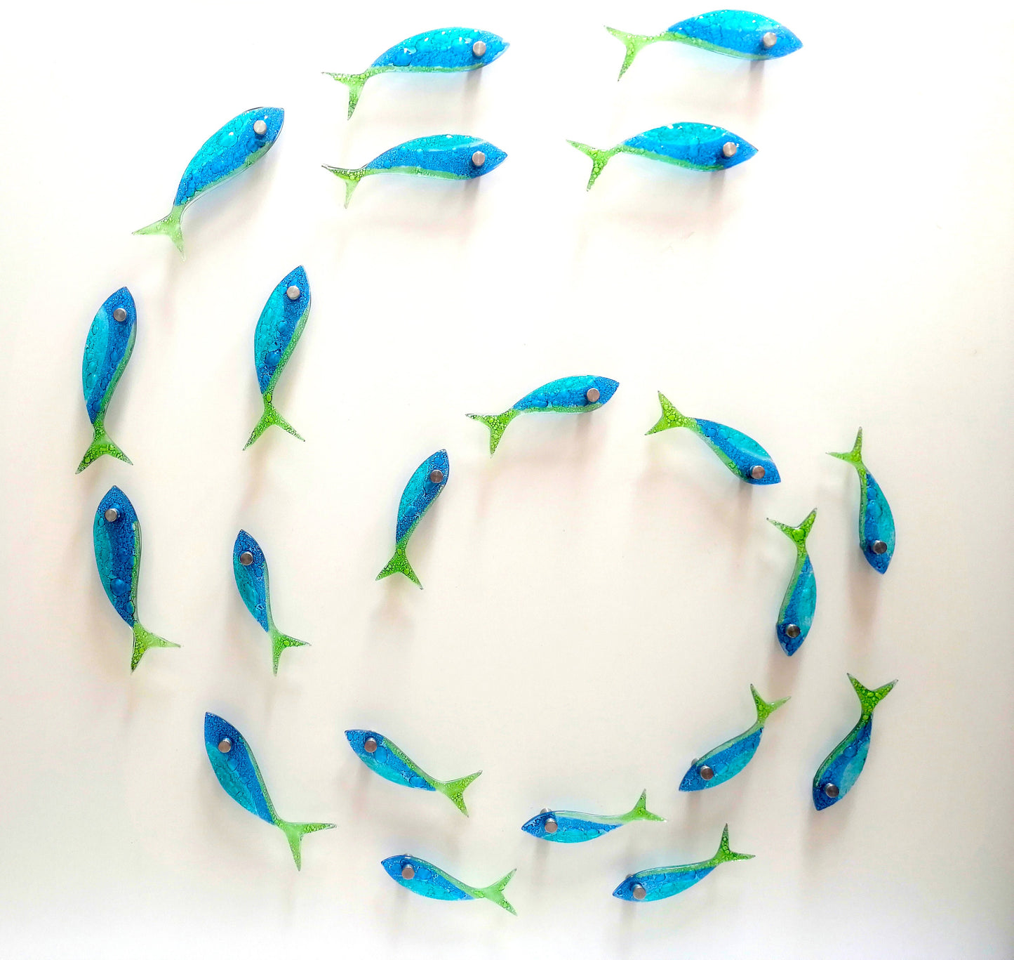 20 fish set .Fused glass school of fish. Ocean art. Blue fish wall art. Bathroom wall art. Ocean Nautical Beach decor. Coastal art Sea art