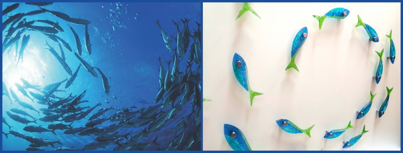 21 fish set .Fused glass school of fish. Ocean art. Blue fish wall art. Bathroom wall art. Ocean Nautical Beach decor. Coastal art Sea art