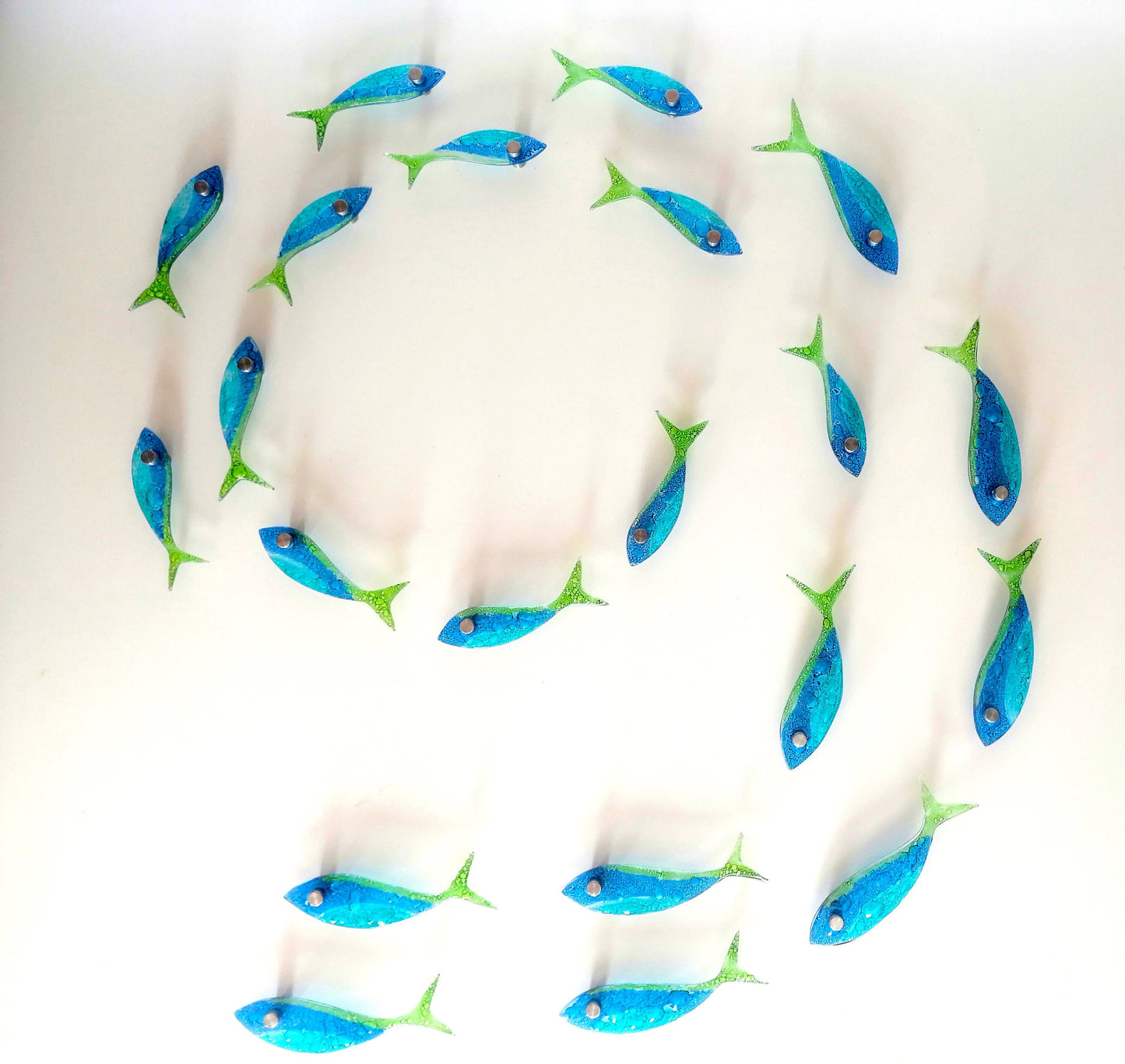 21 fish set .Fused glass school of fish. Ocean art. Blue fish wall art. Bathroom wall art. Ocean Nautical Beach decor. Coastal art Sea art