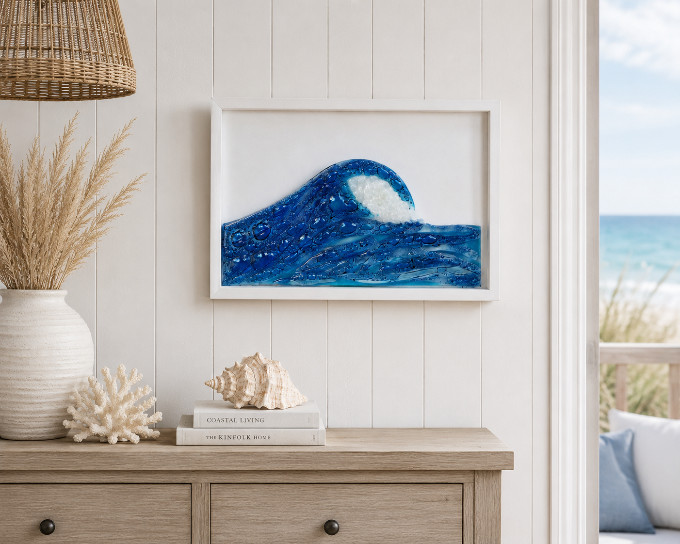 Fused Glass Ocean Waves Wall Art Framed – Beach House Decor. Coastal house. Surf