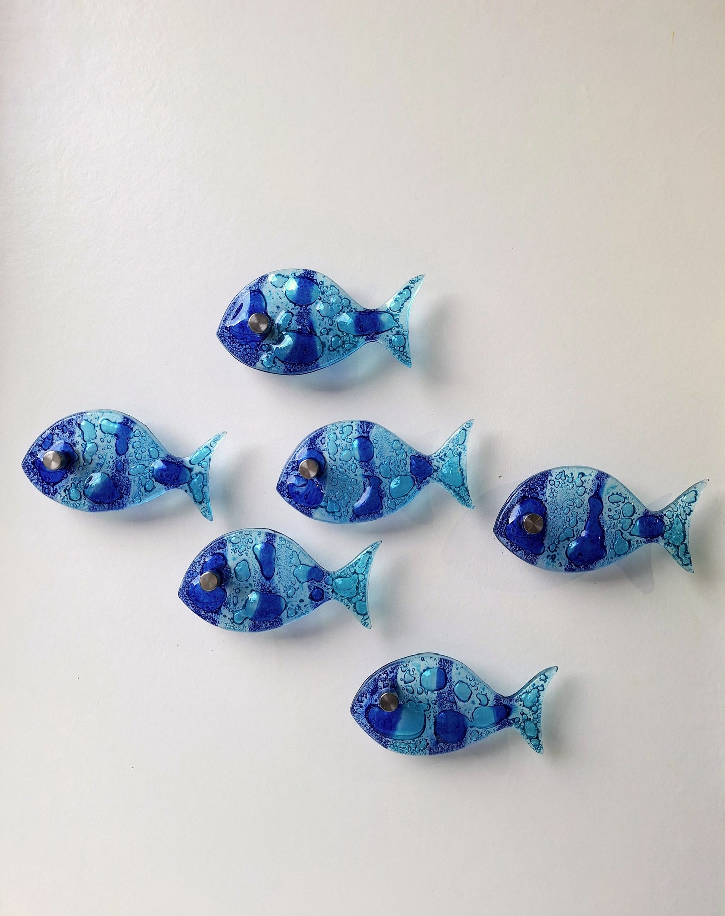 Set of 6 Blue Fused Glass Fish Wall Art – Beach House Decor