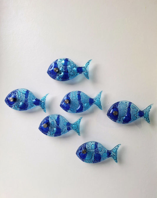 Set of 6 Blue Fused Glass Fish Wall Art – Beach House Decor