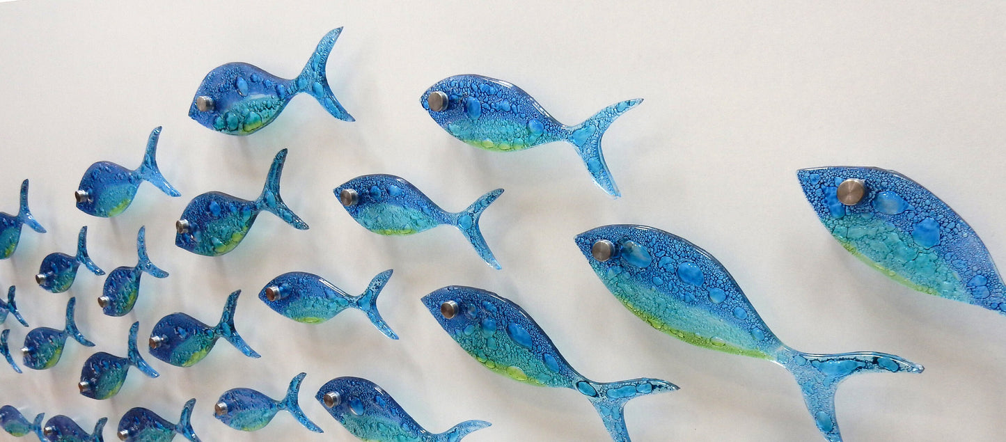 35 fish set. Fused glass fish. Ocean art. Blue fish wall art. Bathroom wall art.Ocean Nautical Beach decor. Coastal art Sea art