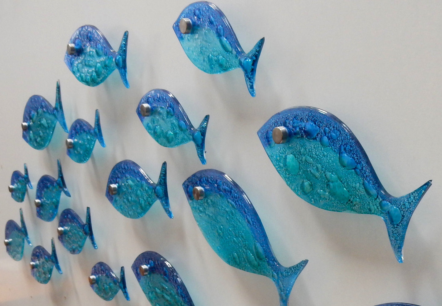 16 fish set .Fused glass school of fish. Ocean art. Blue fish wall art. Bathroom wall art. Ocean Nautical Beach decor. Coastal art Sea art